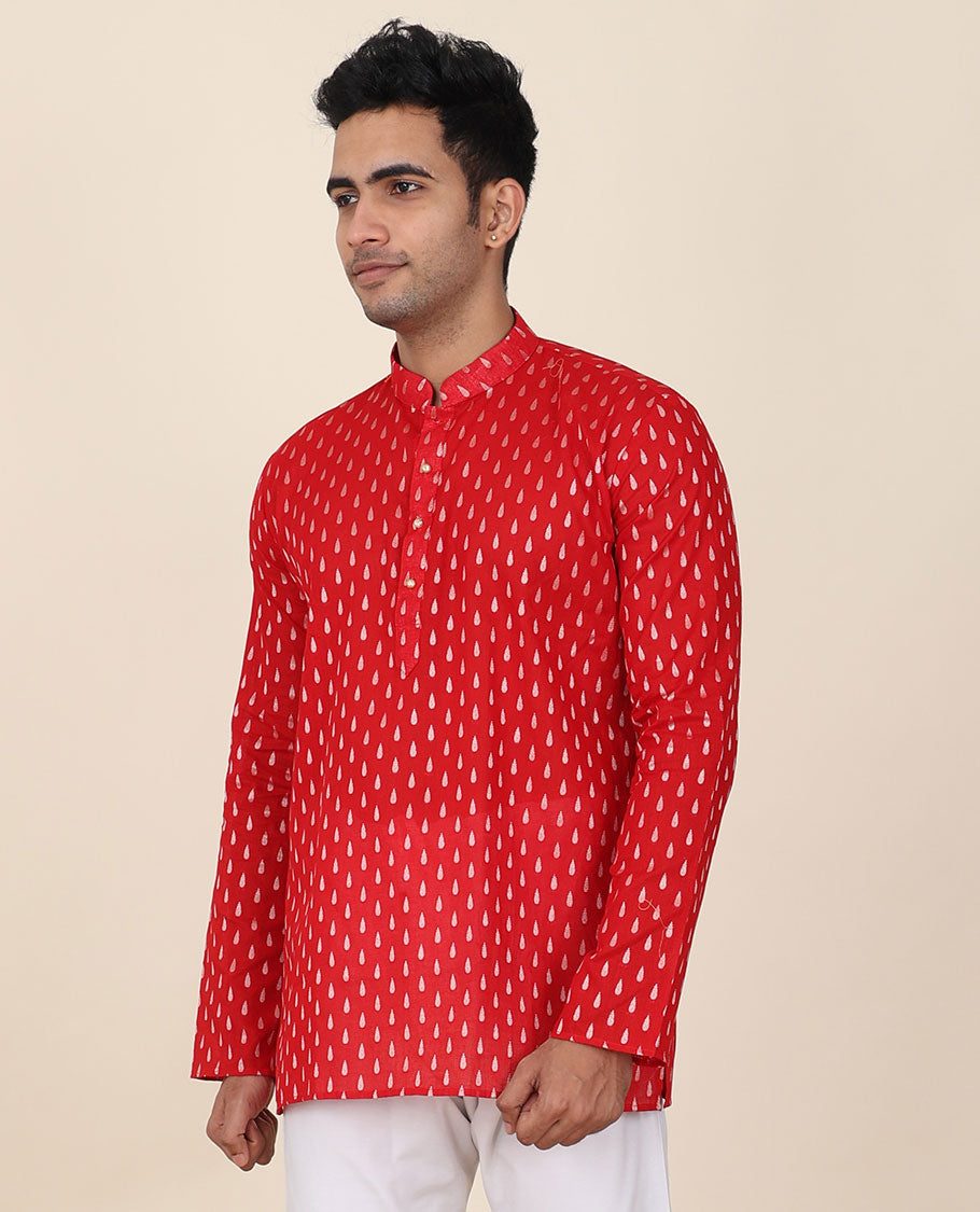 Red unique buttas mandarin collared & full-sleeve short cotton kurta