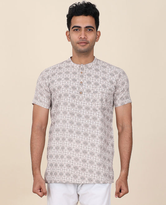 Grey ogee printed mandarin collared & half-sleeve short cotton kurta