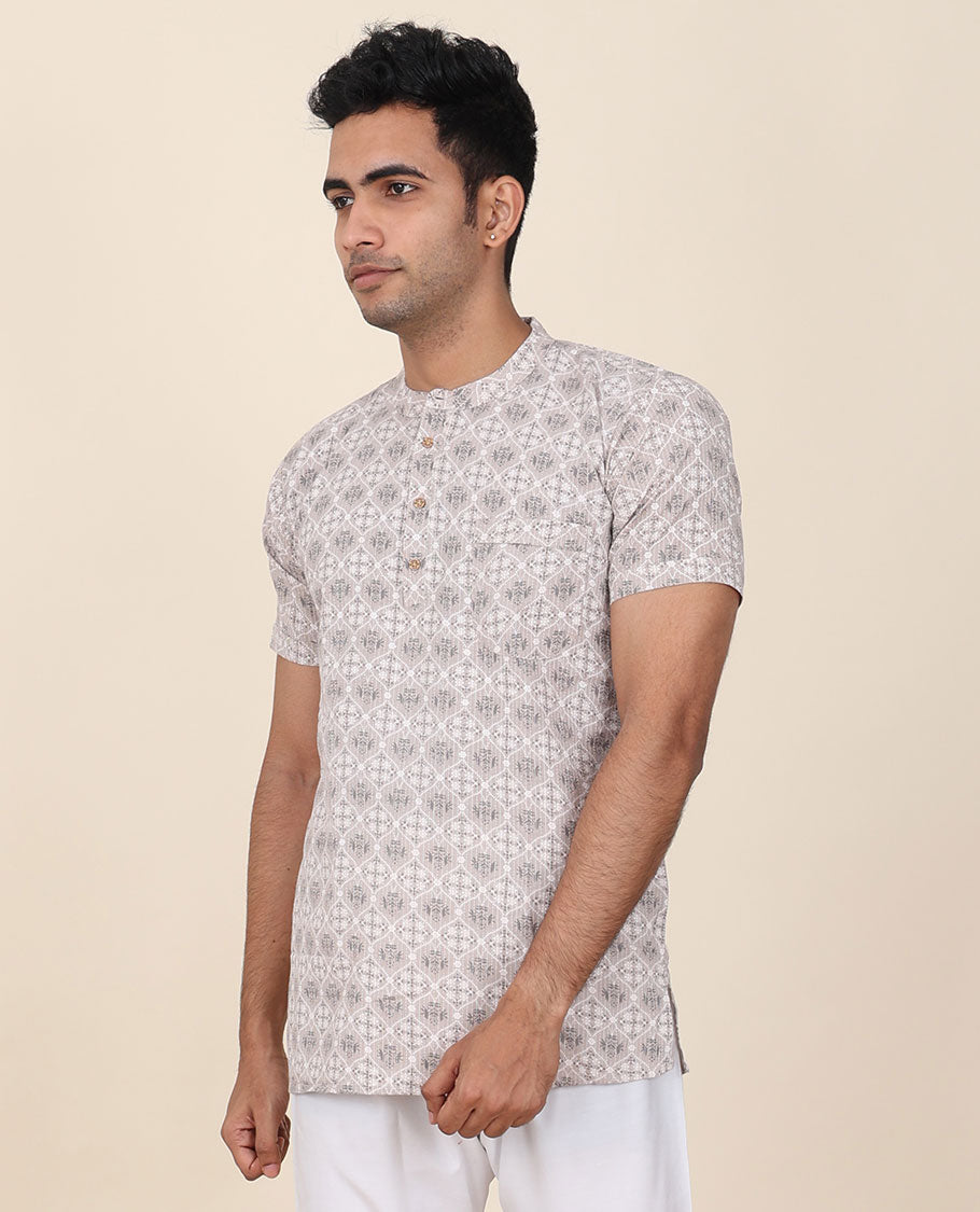 Grey ogee printed mandarin collared & half-sleeve short cotton kurta