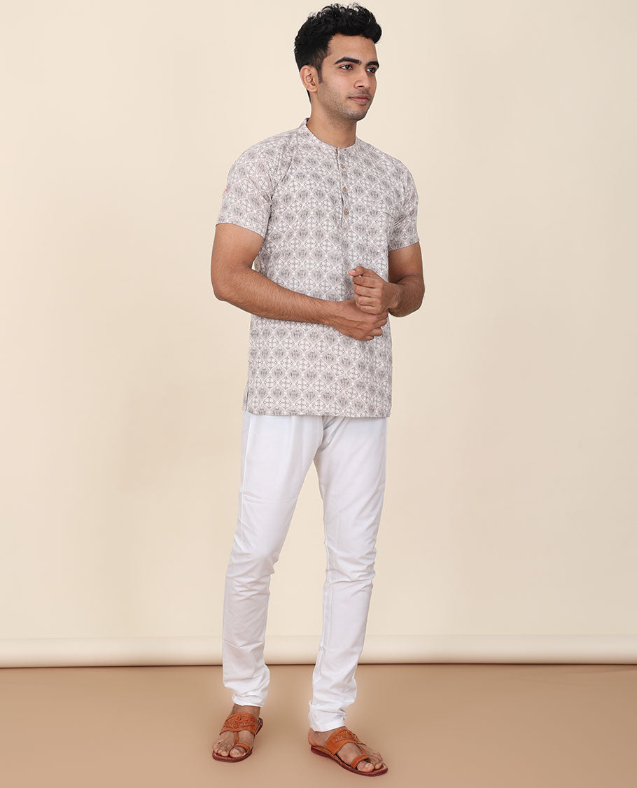 Grey ogee printed mandarin collared & half-sleeve short cotton kurta