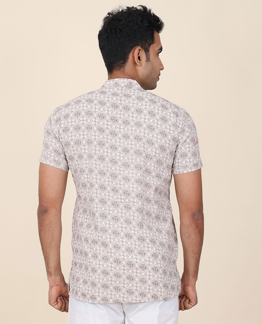 Grey ogee printed mandarin collared & half-sleeve short cotton kurta