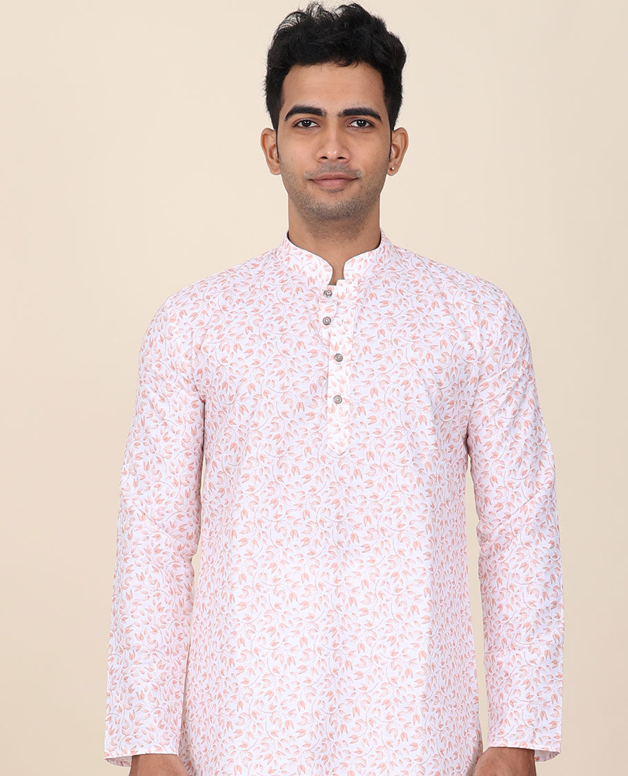 White base floral micro-printed mandarin collar & full-sleeve short cotton kurta