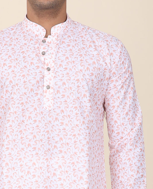 White base floral micro-printed mandarin collar & full-sleeve short cotton kurta