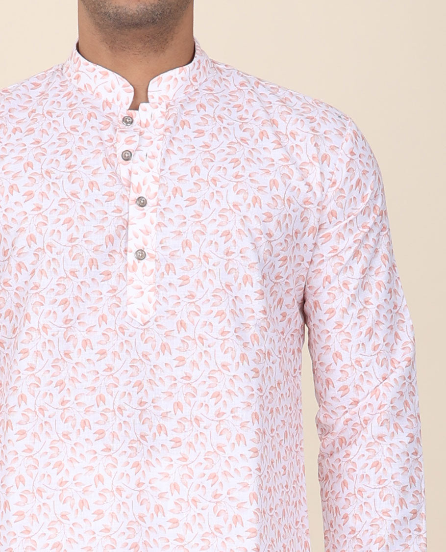 White base floral micro-printed mandarin collar & full-sleeve short cotton kurta