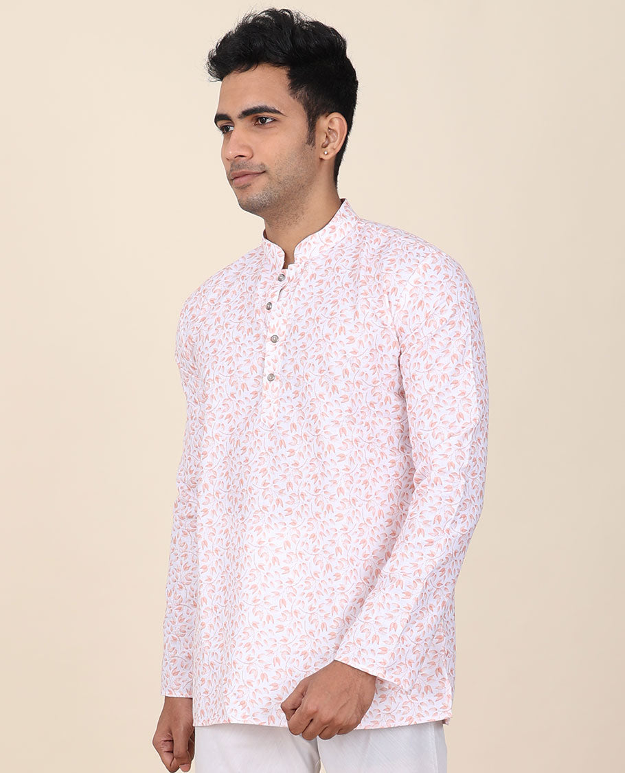 White base floral micro-printed mandarin collar & full-sleeve short cotton kurta