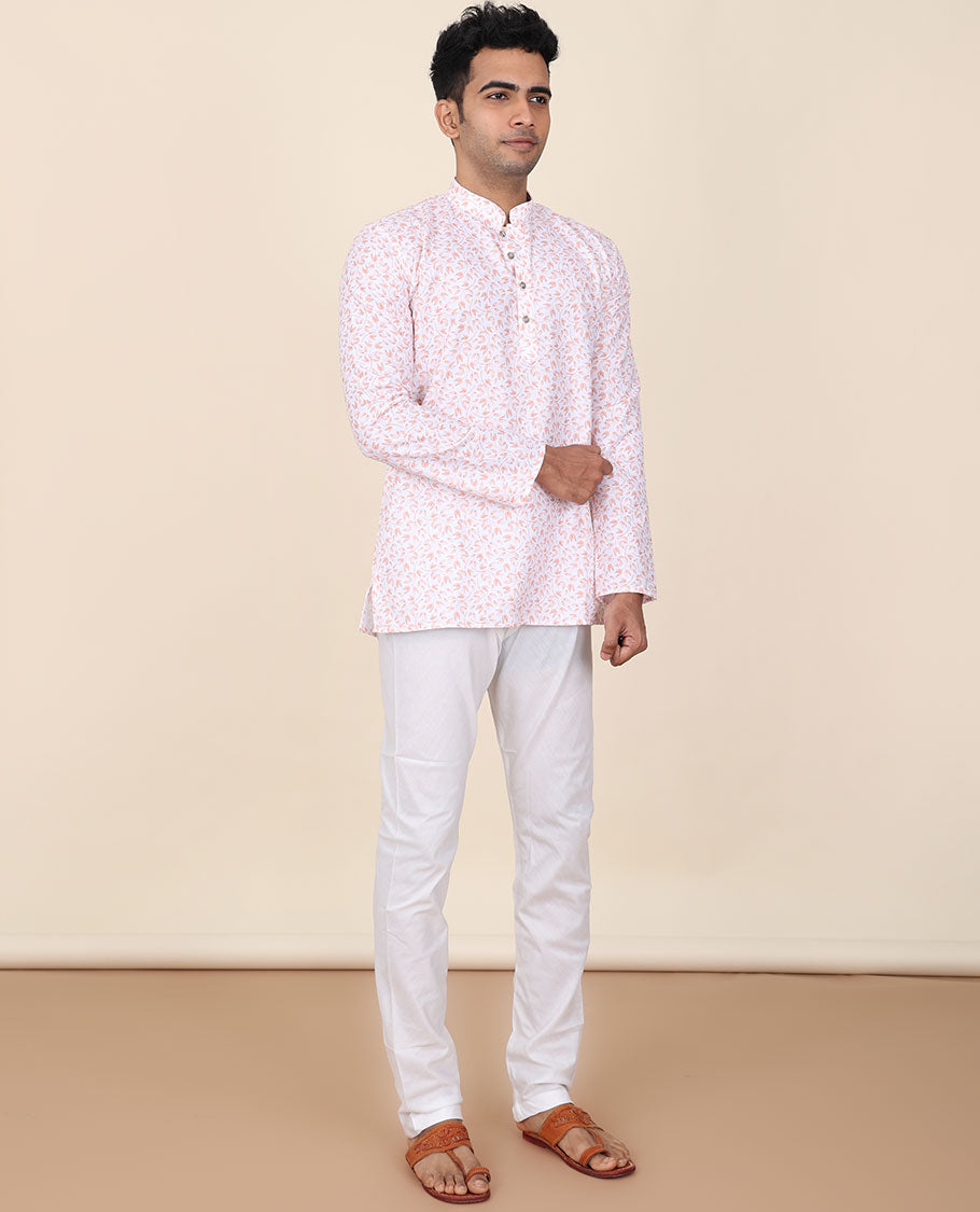 White base floral micro-printed mandarin collar & full-sleeve short cotton kurta