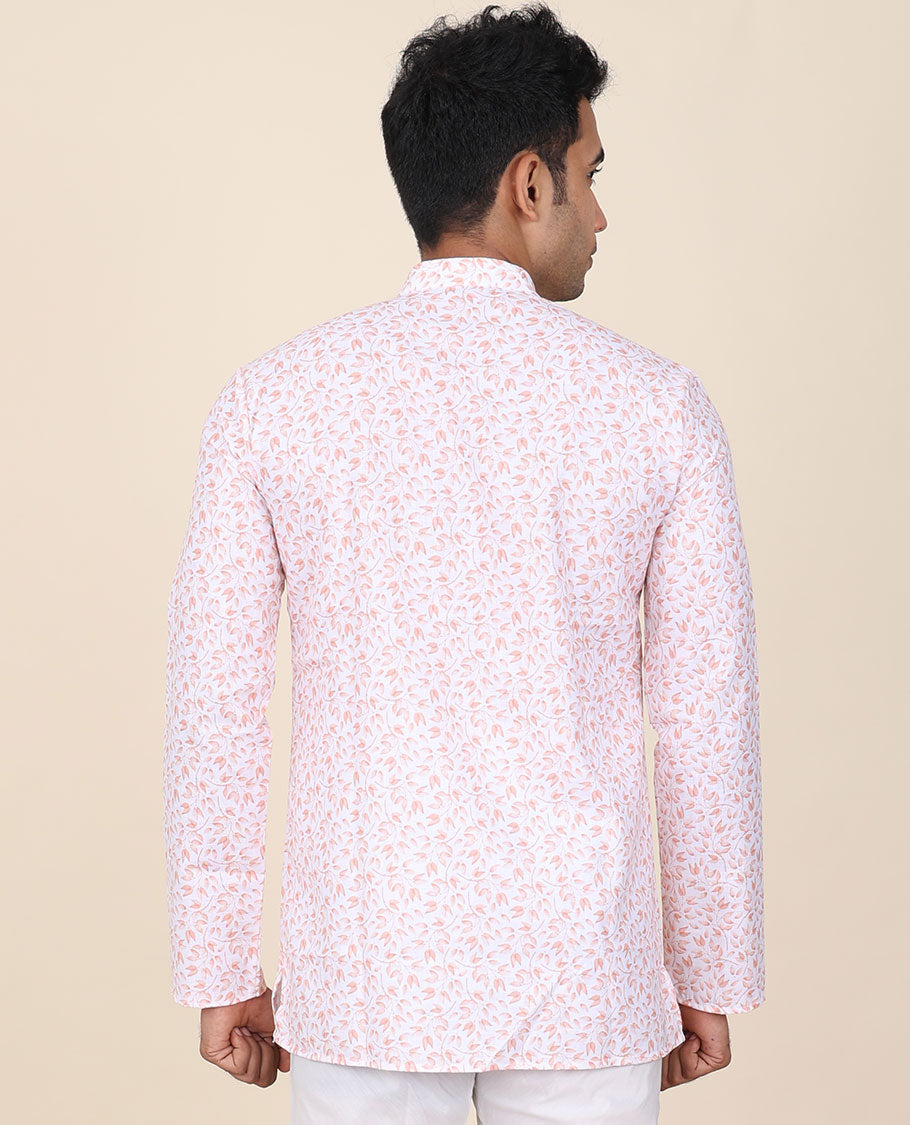White base floral micro-printed mandarin collar & full-sleeve short cotton kurta