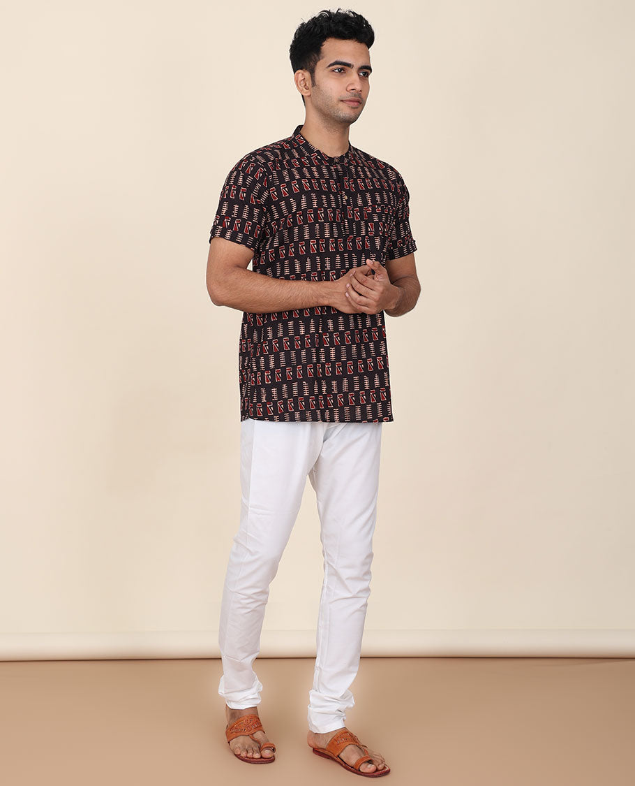 Black unique motifs printed mandarin collared & half-sleeve short cotton kurta