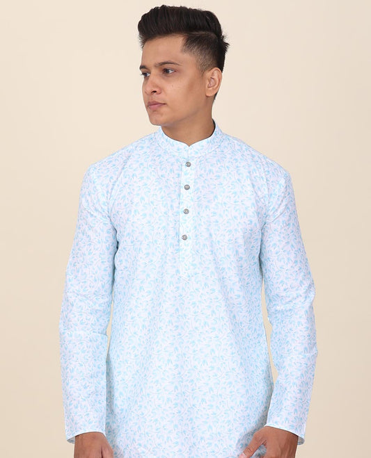 White base floral micro-printed mandarin collar & full-sleeve short cotton kurta
