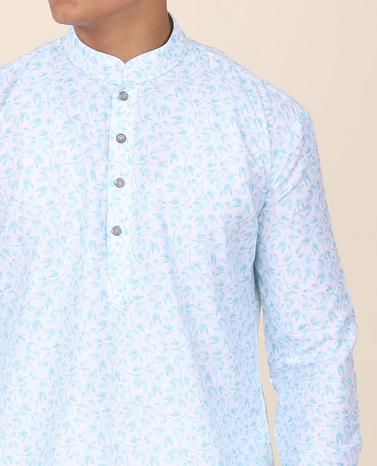 White base floral micro-printed mandarin collar & full-sleeve short cotton kurta