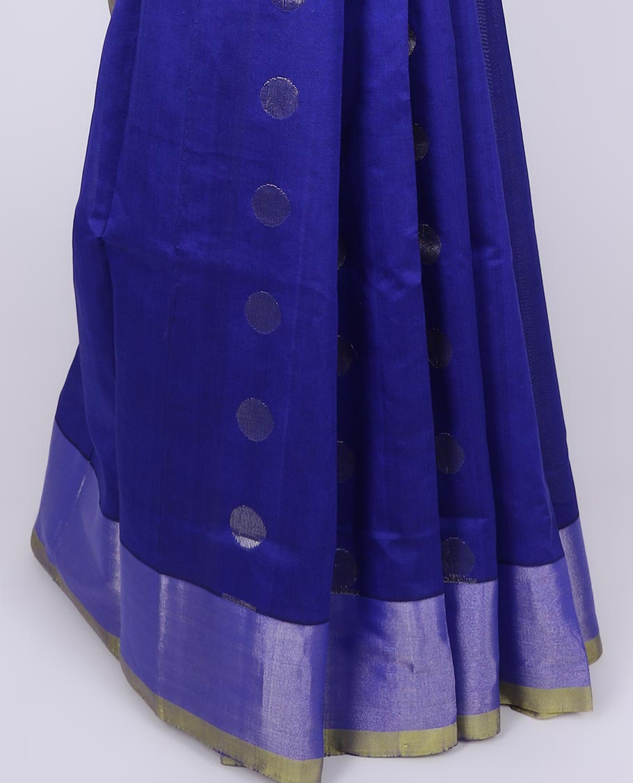 Blue kuppadam cotton saree with zari polka dot buttas, zari border & contrast pallu of ogee patterns
