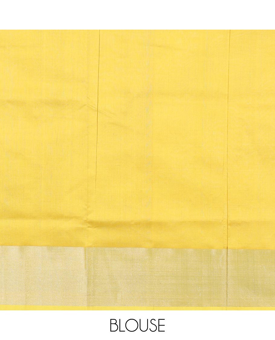 Blue kuppadam cotton saree with zari polka dot buttas, zari border & contrast pallu of ogee patterns