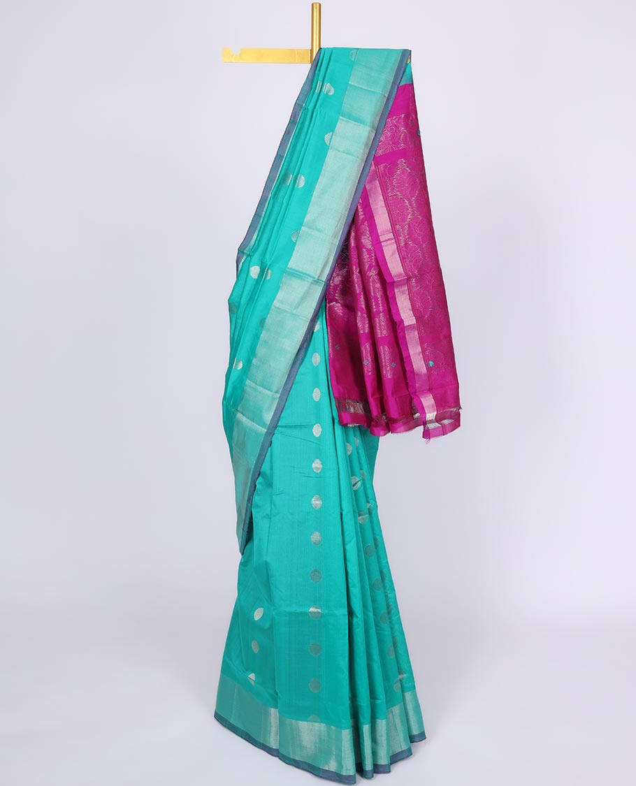 Blue kuppadam cotton saree with zari polka dot buttas, zari border & contrast pallu of ogee patterns