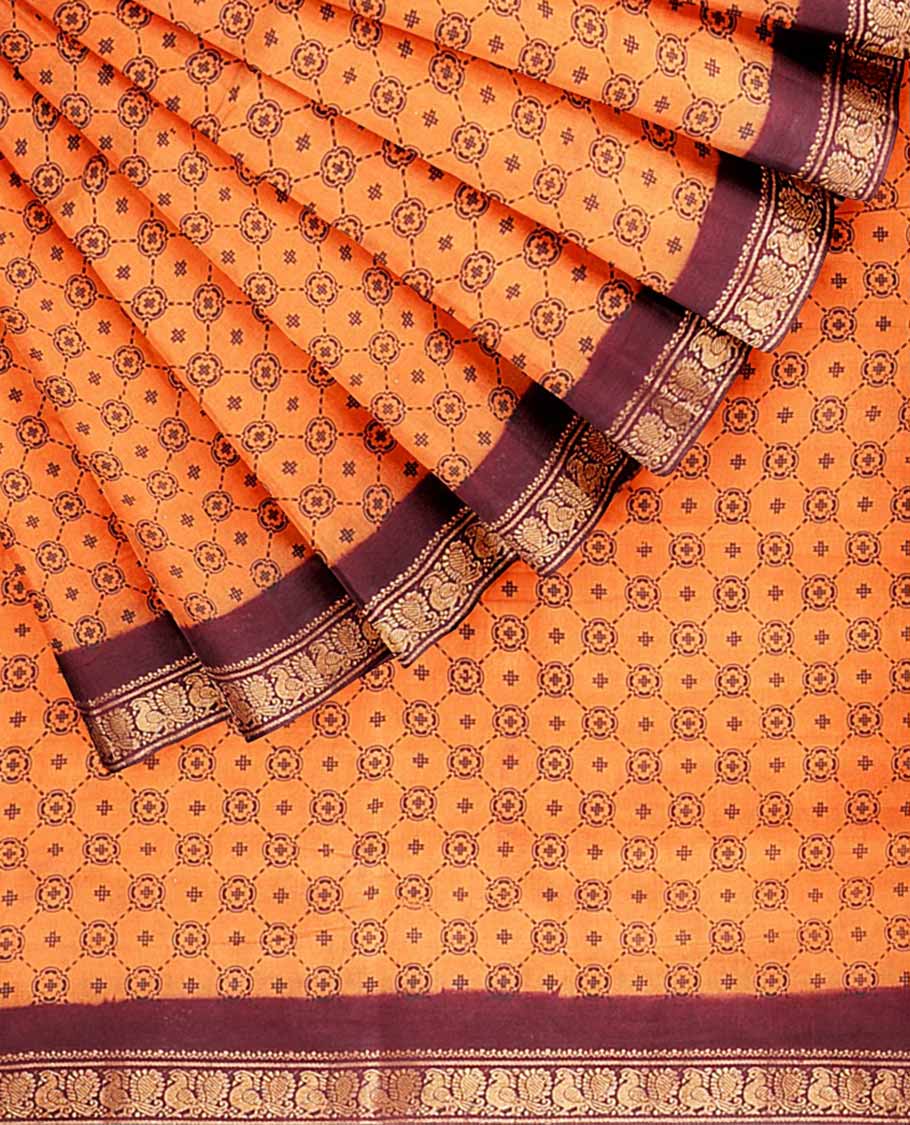 Orange geometric patterned nine-yard cotton saree, contrast peacock design border & pallu of stripes