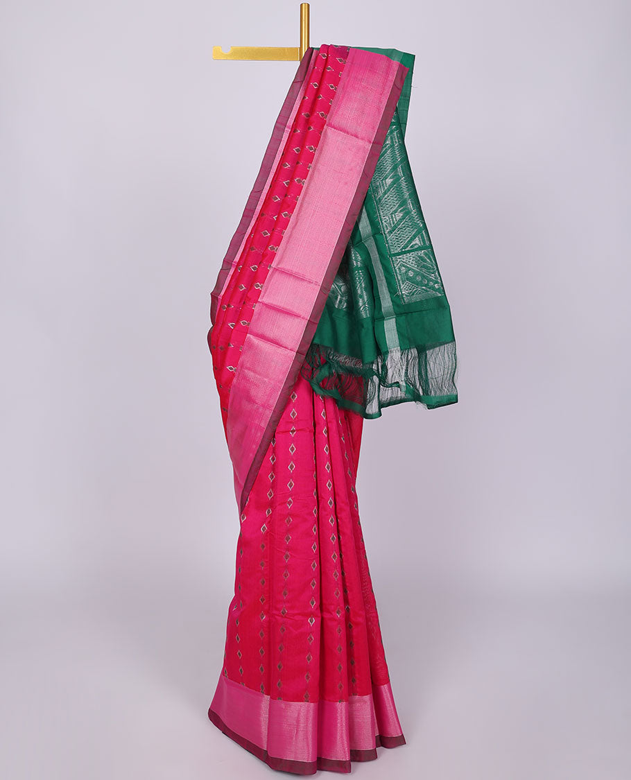 Pink kuppadam cotton saree with buttas, zari border & contrast pallu of intricate designs