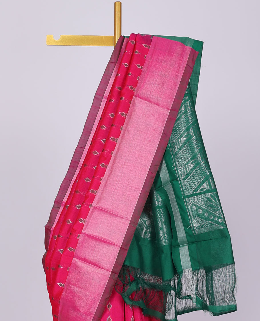 Pink kuppadam cotton saree with buttas, zari border & contrast pallu of intricate designs
