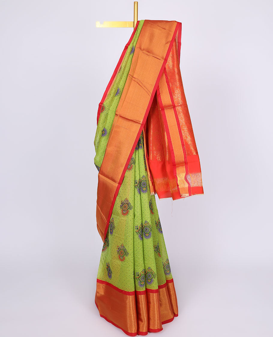 Green checked kuppadam cotton saree with unique motifs, contrast zari border & pallu of floral & jaal designs