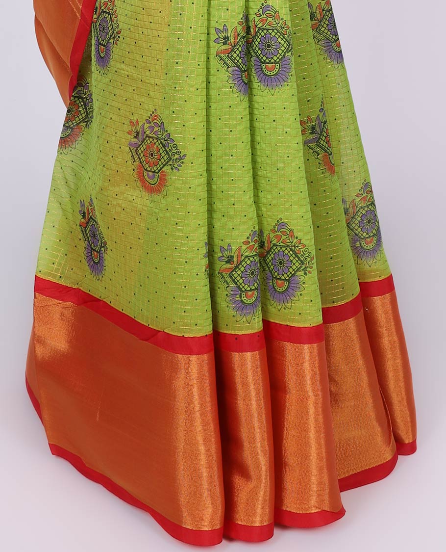 Green checked kuppadam cotton saree with unique motifs, contrast zari border & pallu of floral & jaal designs