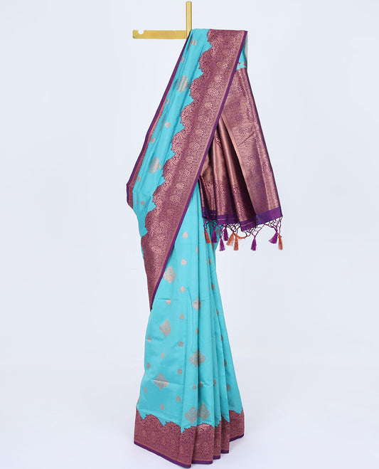 Blue butter silk saree with zari buttas, contrast zari floral design border & intricately decorated pallu