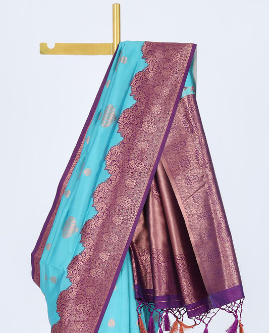 Blue butter silk saree with zari buttas, contrast zari floral design border & intricately decorated pallu