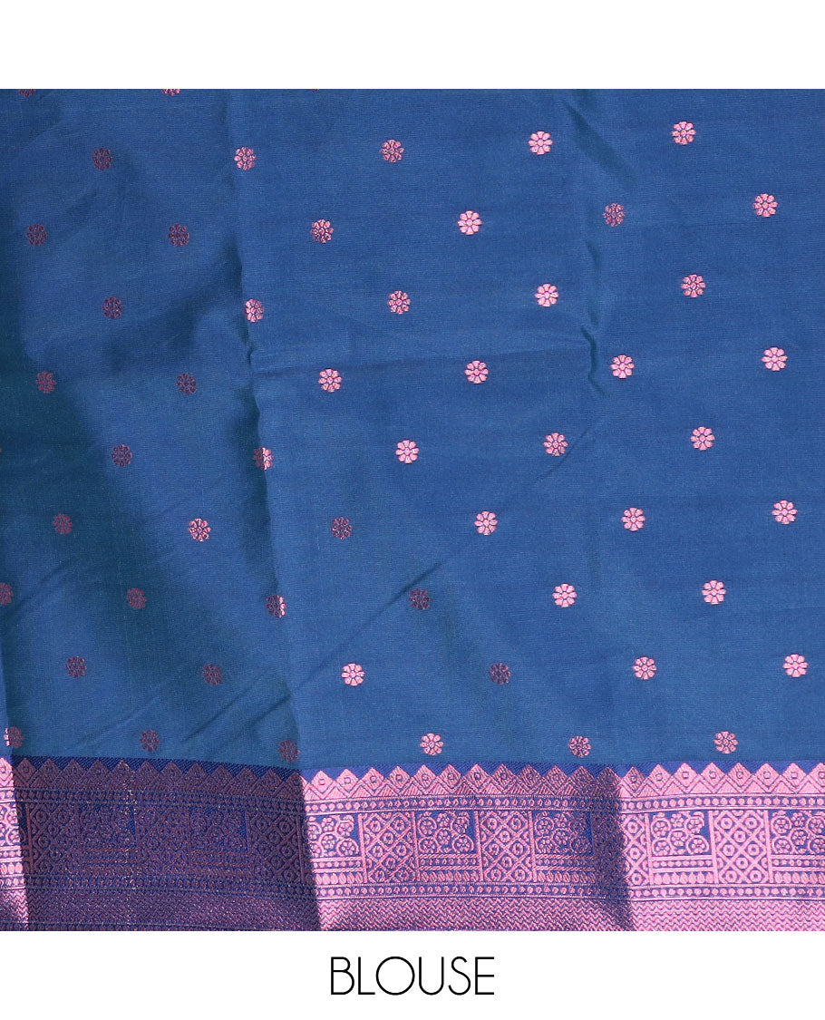 Blue butter silk saree with floral buttas, contrast rose copper zari design border & intricate pallu