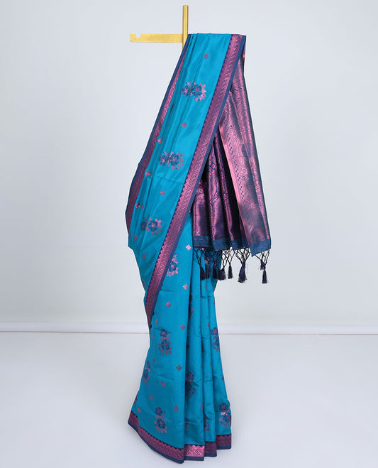 Blue butter silk saree with floral buttas, contrast rose copper zari design border & intricate pallu