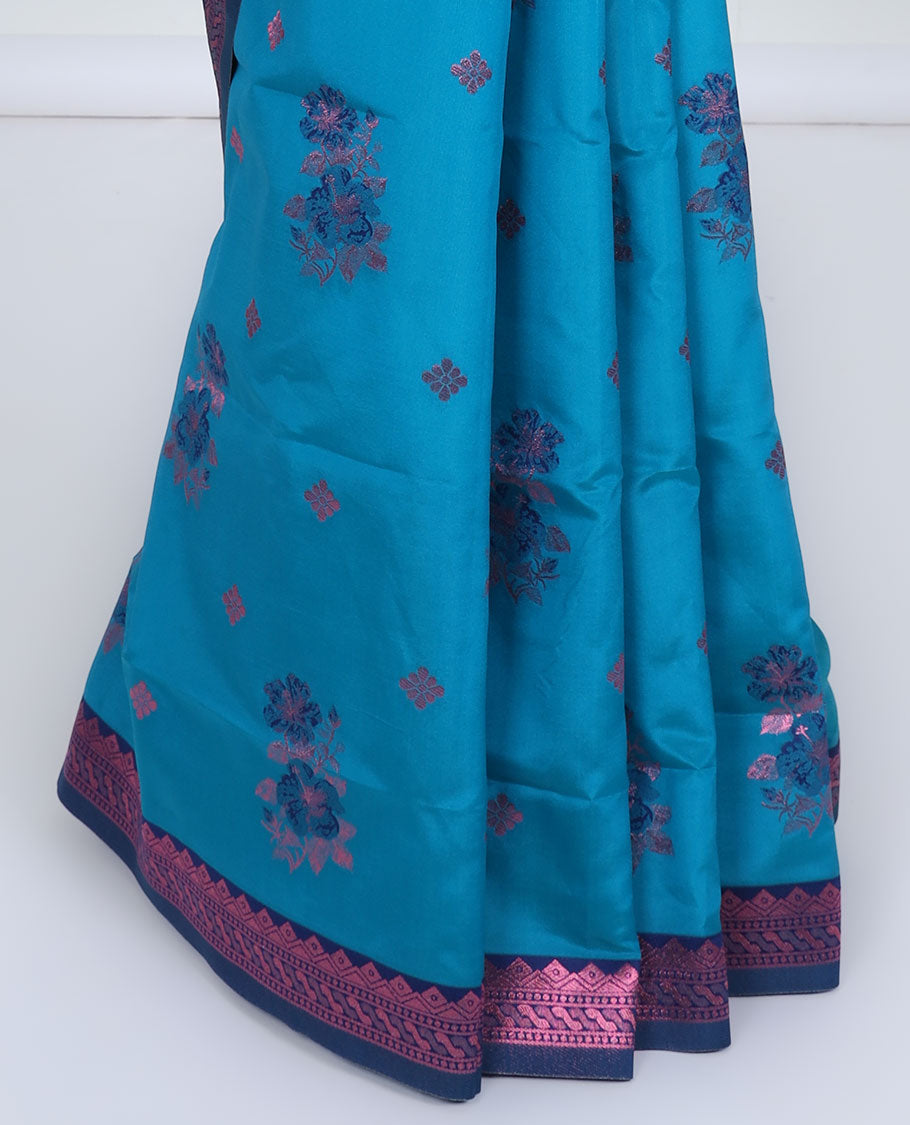 Blue butter silk saree with floral buttas, contrast rose copper zari design border & intricate pallu
