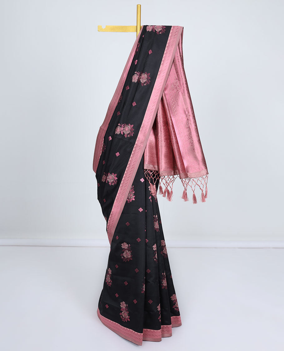 Black butter silk saree with floral buttas, contrast rose copper zari design border & intricate pallu