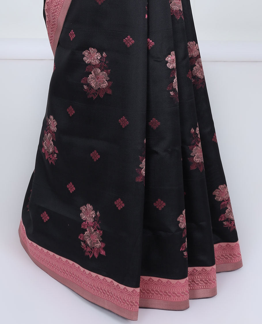 Black butter silk saree with floral buttas, contrast rose copper zari design border & intricate pallu