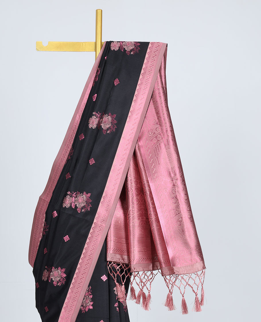 Black butter silk saree with floral buttas, contrast rose copper zari design border & intricate pallu