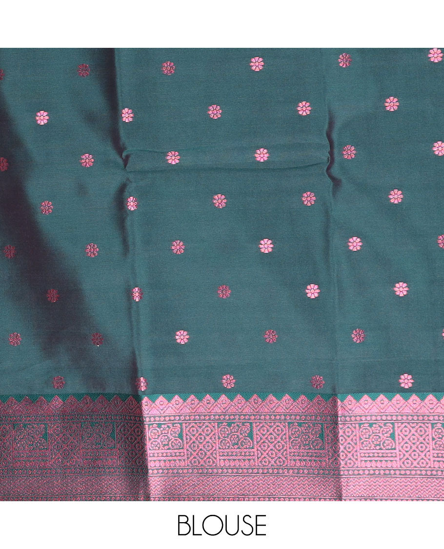 Orange butter silk saree with floral buttas, contrast rose copper zari design border & intricate palluOrange butter silk saree with floral buttas, contrast rose copper zari design border & intricate pallu