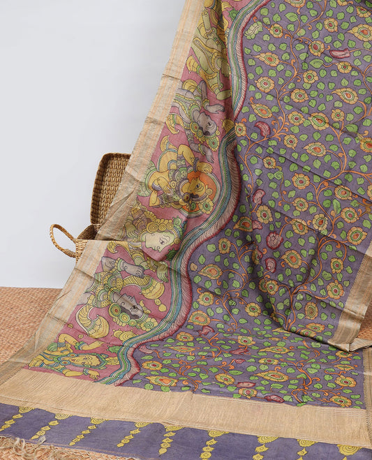 Grey hand-painted pen kalamkari silksaree with floral vine & ancient human motifs,traditional border & striped pallu