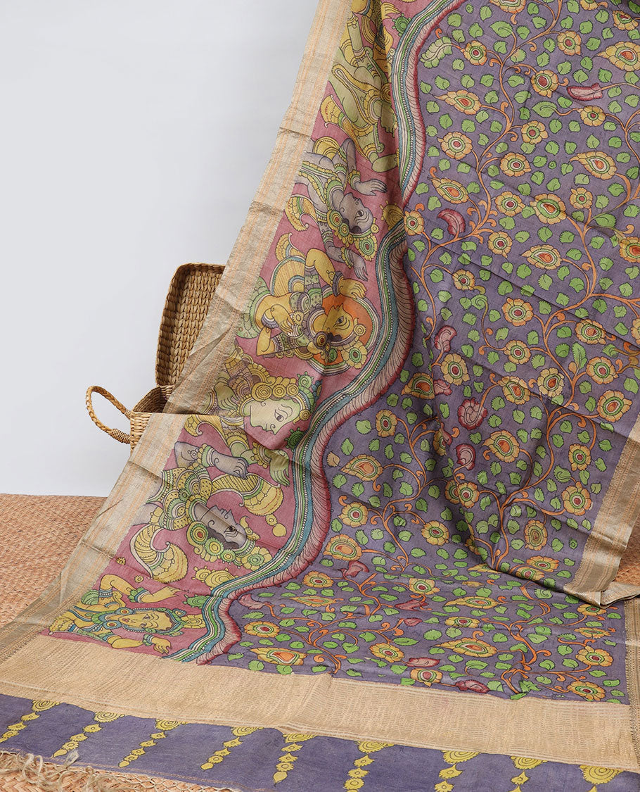 Grey hand-painted pen kalamkari silksaree with floral vine & ancient human motifs,traditional border & striped pallu