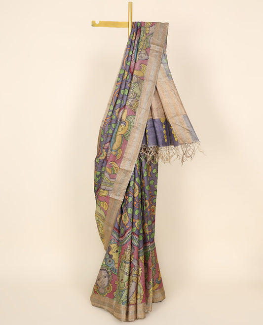Grey hand-painted pen kalamkari silksaree with floral vine & ancient human motifs,traditional border & striped pallu