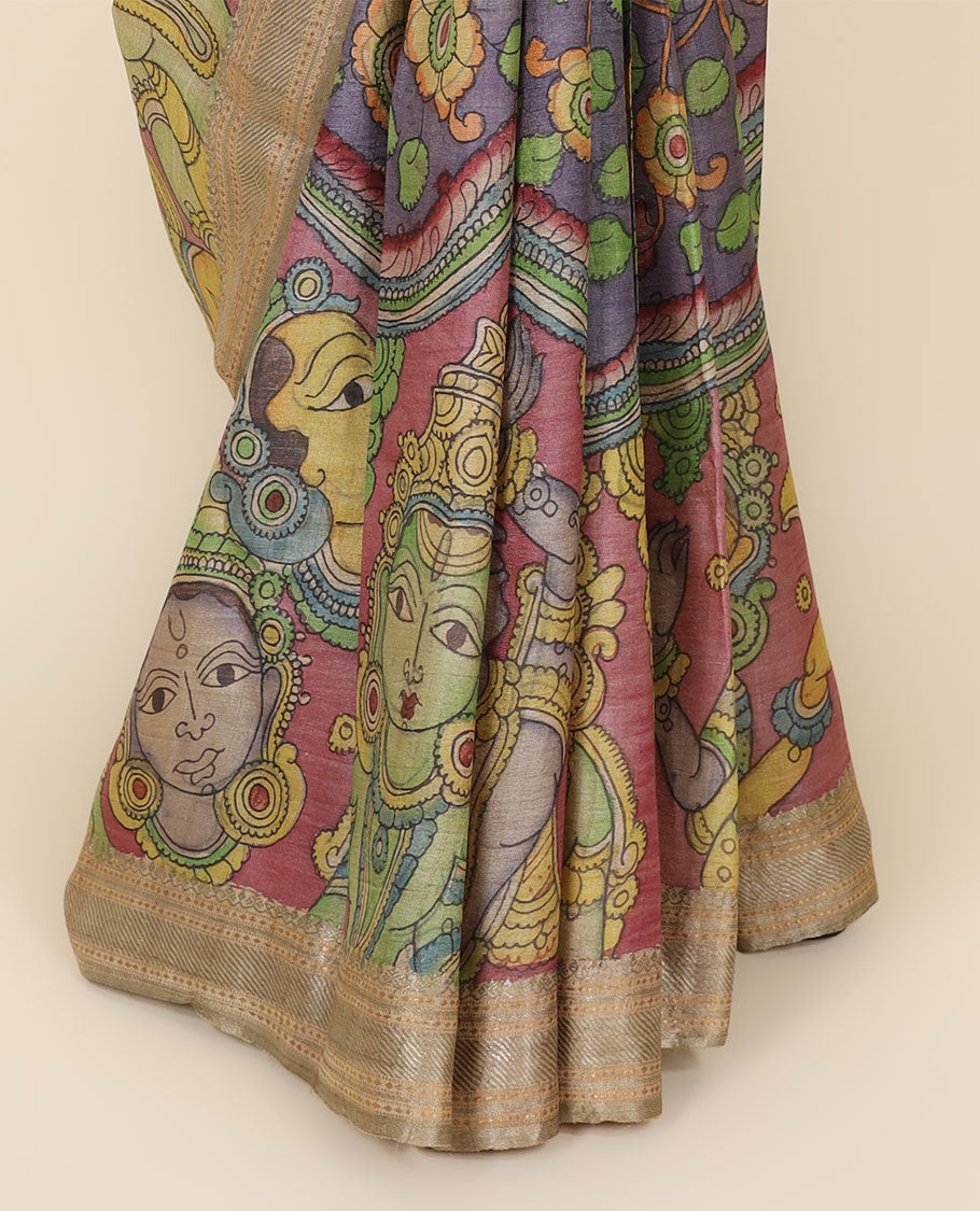 Grey hand-painted pen kalamkari silksaree with floral vine & ancient human motifs,traditional border & striped pallu