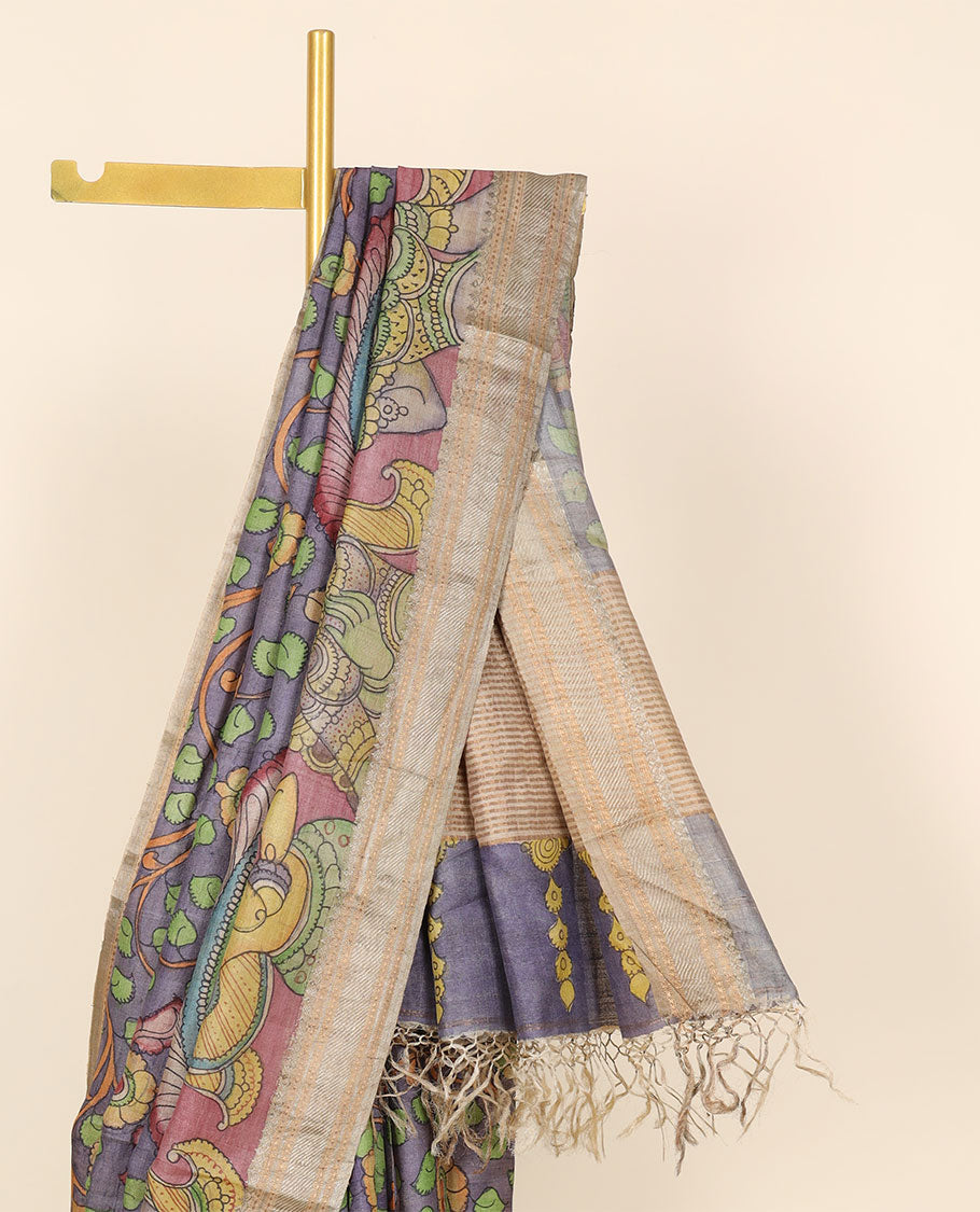 Grey hand-painted pen kalamkari silksaree with floral vine & ancient human motifs,traditional border & striped pallu