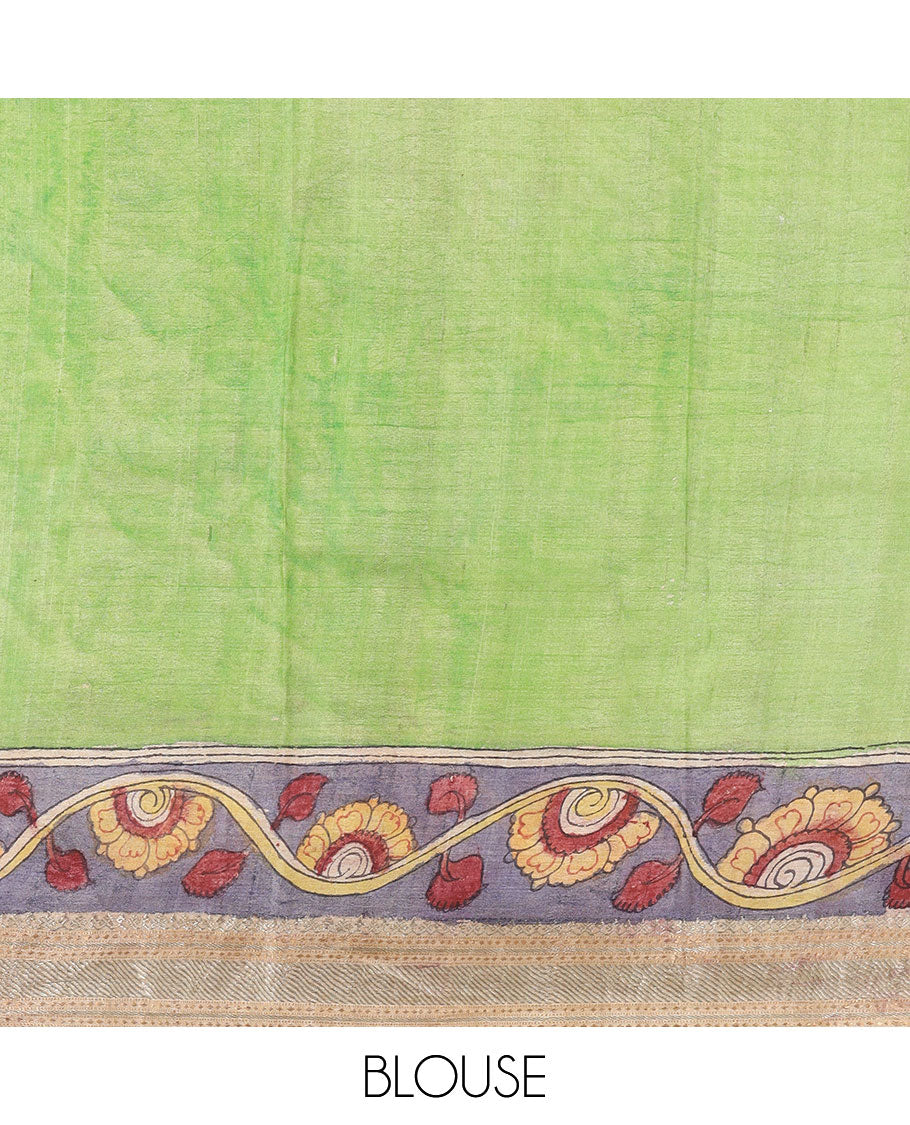 Grey hand-painted pen kalamkari silksaree with floral vine & ancient human motifs,traditional border & striped pallu