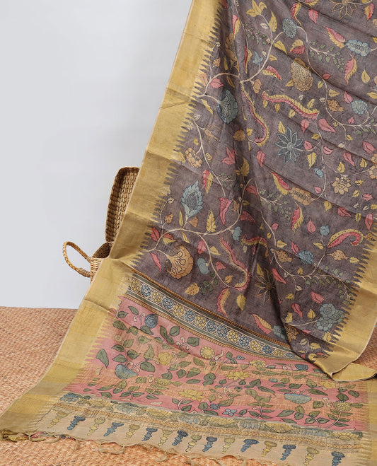 Brown floral vine hand-painted pen kalamkari silksaree, contrast vidarbha border & pallu of kalamkari floral designs
