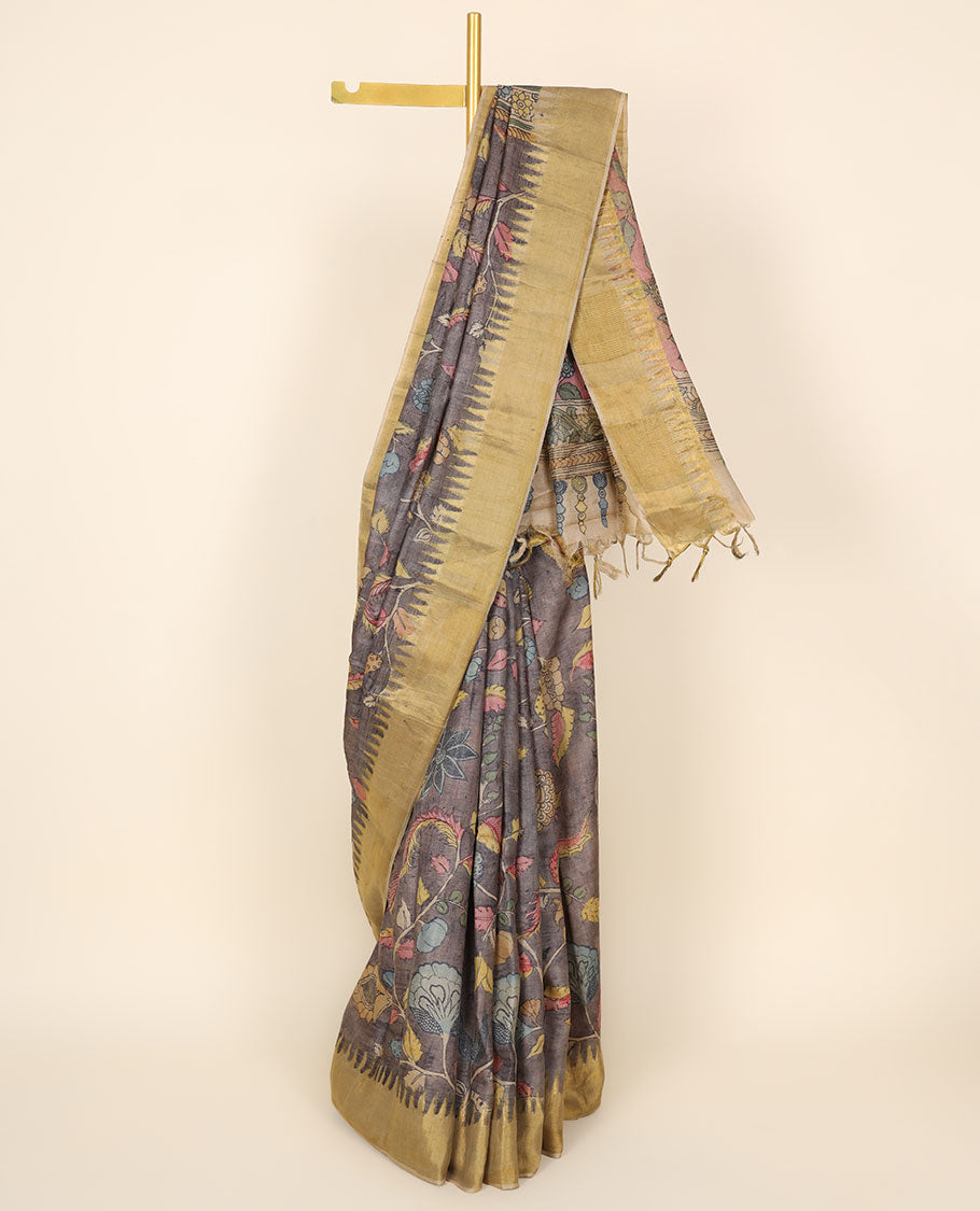 Brown floral vine hand-painted pen kalamkari silksaree, contrast vidarbha border & pallu of kalamkari floral designs
