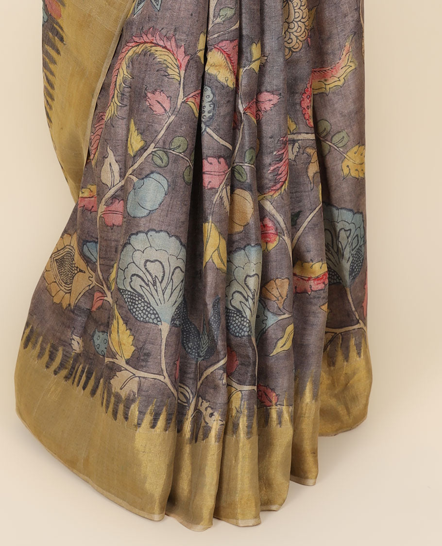 Brown floral vine hand-painted pen kalamkari silksaree, contrast vidarbha border & pallu of kalamkari floral designs