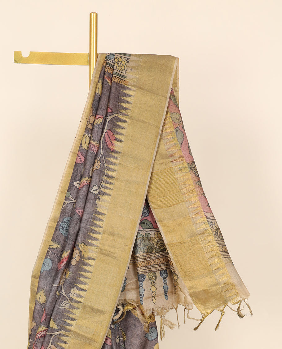 Brown floral vine hand-painted pen kalamkari silksaree, contrast vidarbha border & pallu of kalamkari floral designs