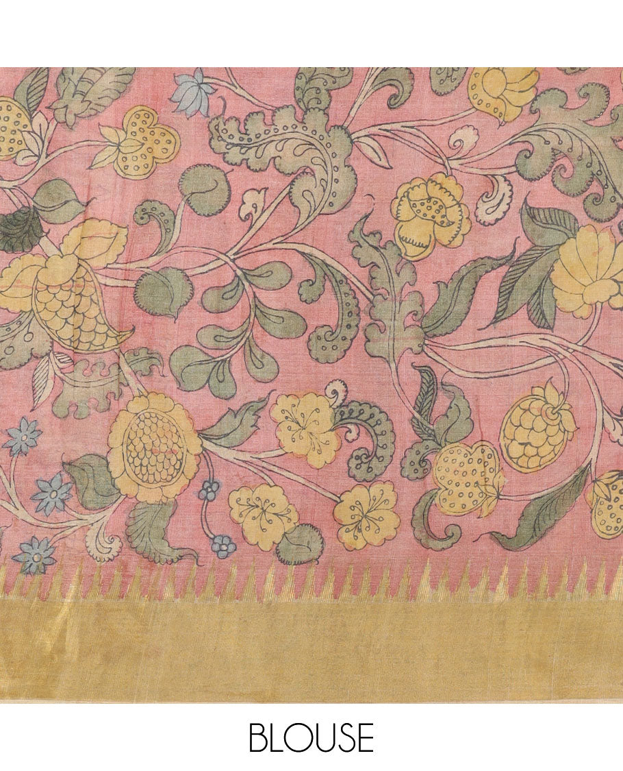 Brown floral vine hand-painted pen kalamkari silksaree, contrast vidarbha border & pallu of kalamkari floral designs