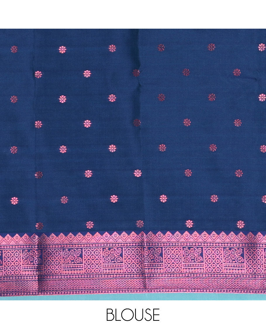 Blue butter silk saree with floral buttas, contrast traditional motifs rose copper zari border & intricate pallu