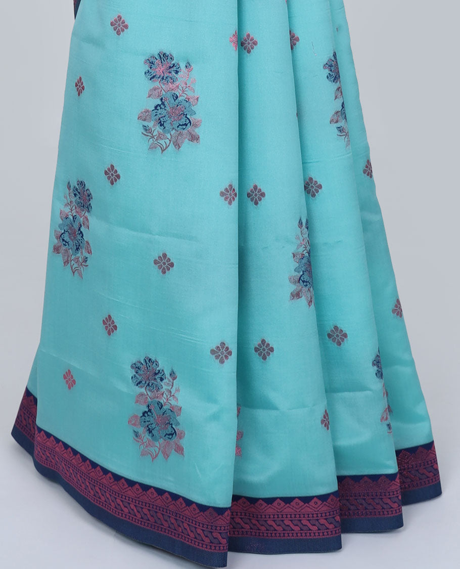 Blue butter silk saree with floral buttas, contrast traditional motifs rose copper zari border & intricate pallu