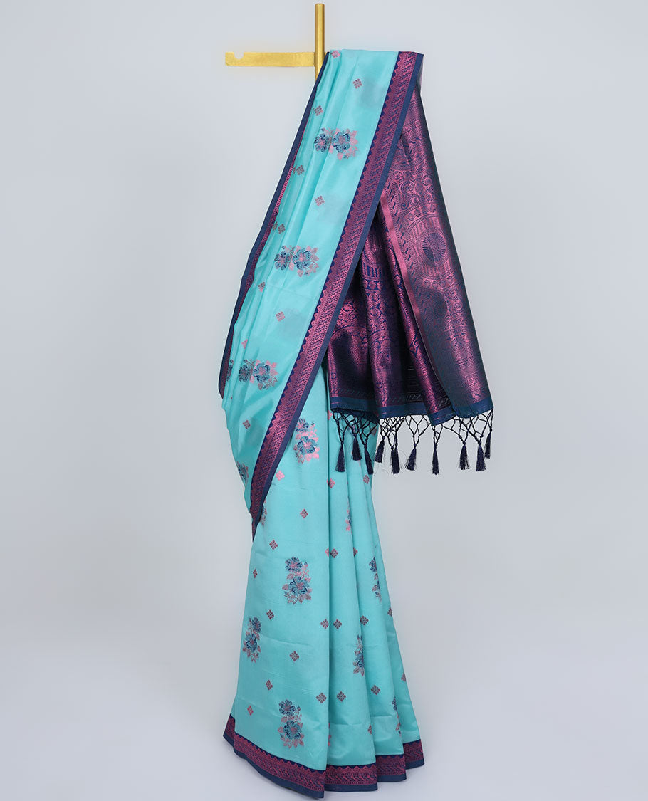 Blue butter silk saree with floral buttas, contrast traditional motifs rose copper zari border & intricate pallu
