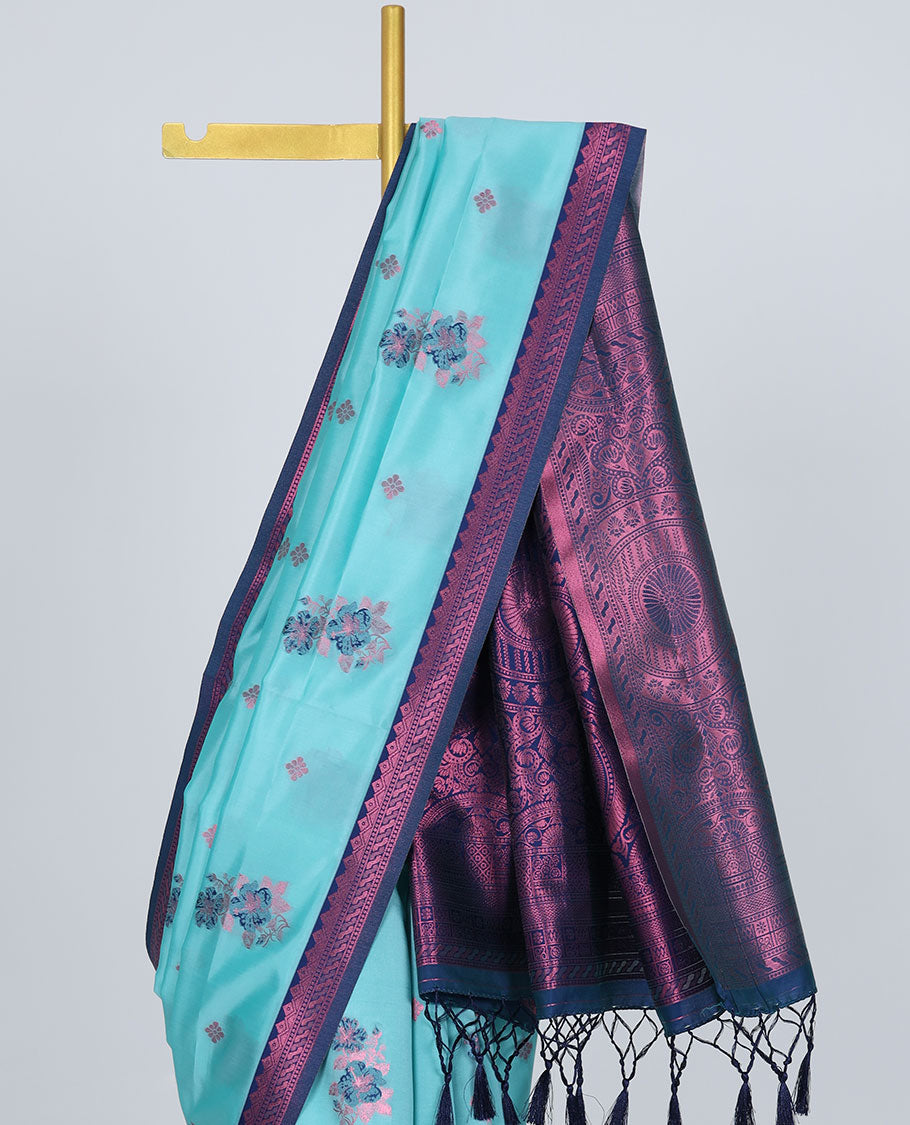 Blue butter silk saree with floral buttas, contrast traditional motifs rose copper zari border & intricate pallu