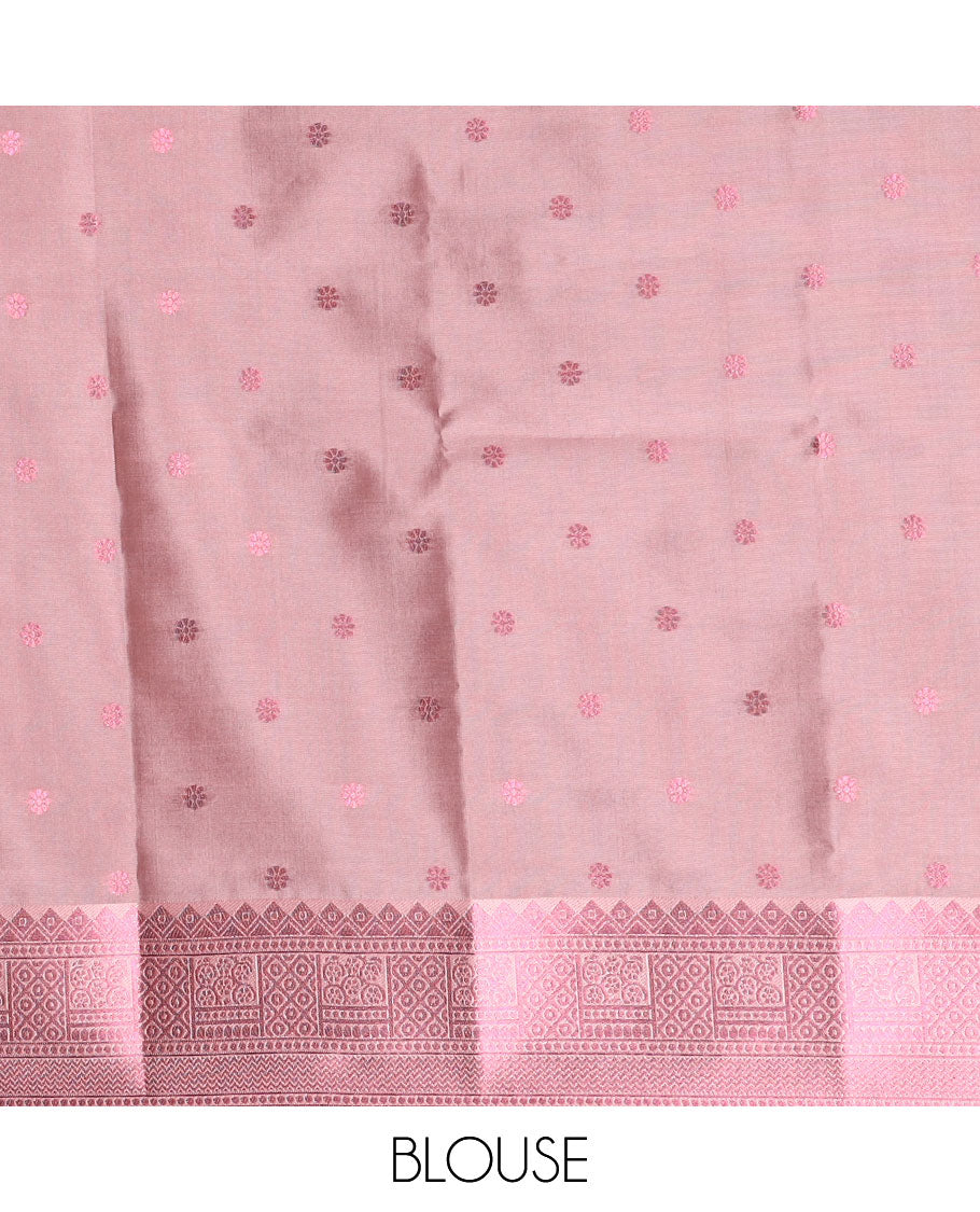 Maroon butter silk saree with floral buttas, contrast traditional motifs rose copper zari border & intricate pallu