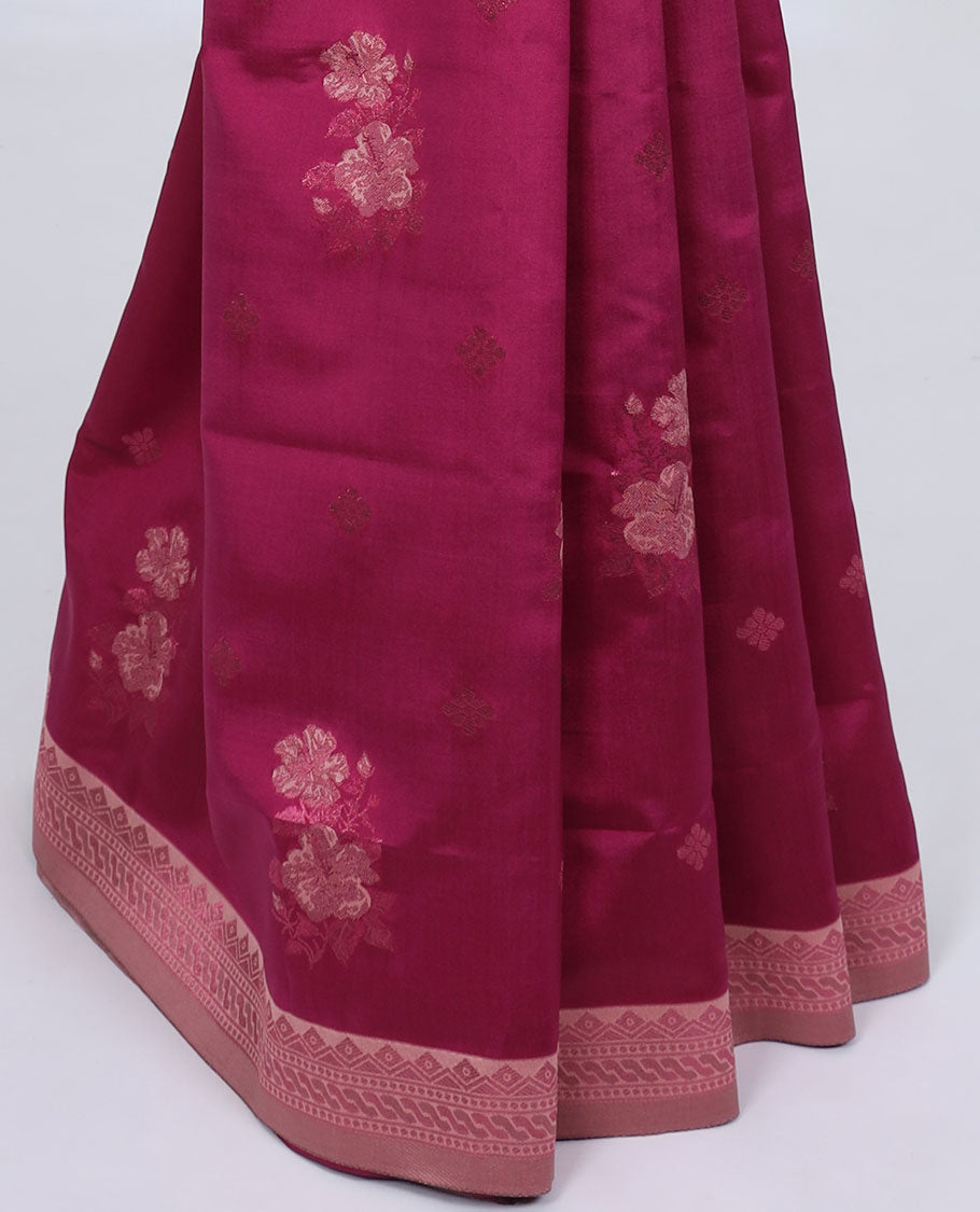 Maroon butter silk saree with floral buttas, contrast traditional motifs rose copper zari border & intricate pallu