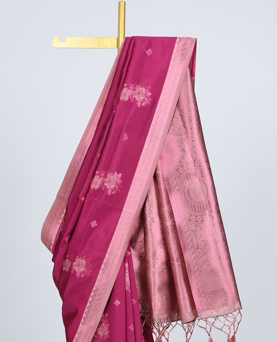 Maroon butter silk saree with floral buttas, contrast traditional motifs rose copper zari border & intricate pallu