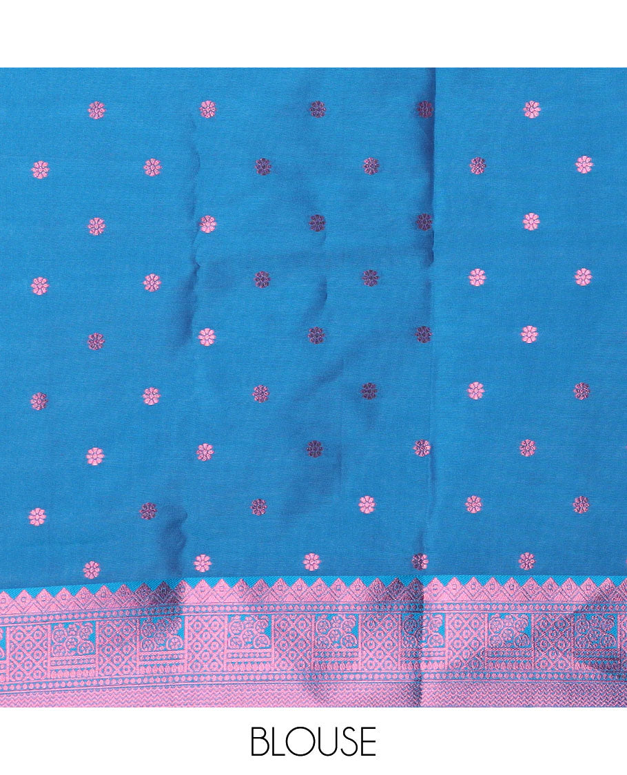 Salmon pink butter silk saree with floral buttas, contrast traditional motifs rose copper zari border & intricate pallu